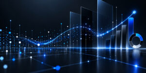 abstract blue seo analytics data wave with an ascending line bars and segmented chart