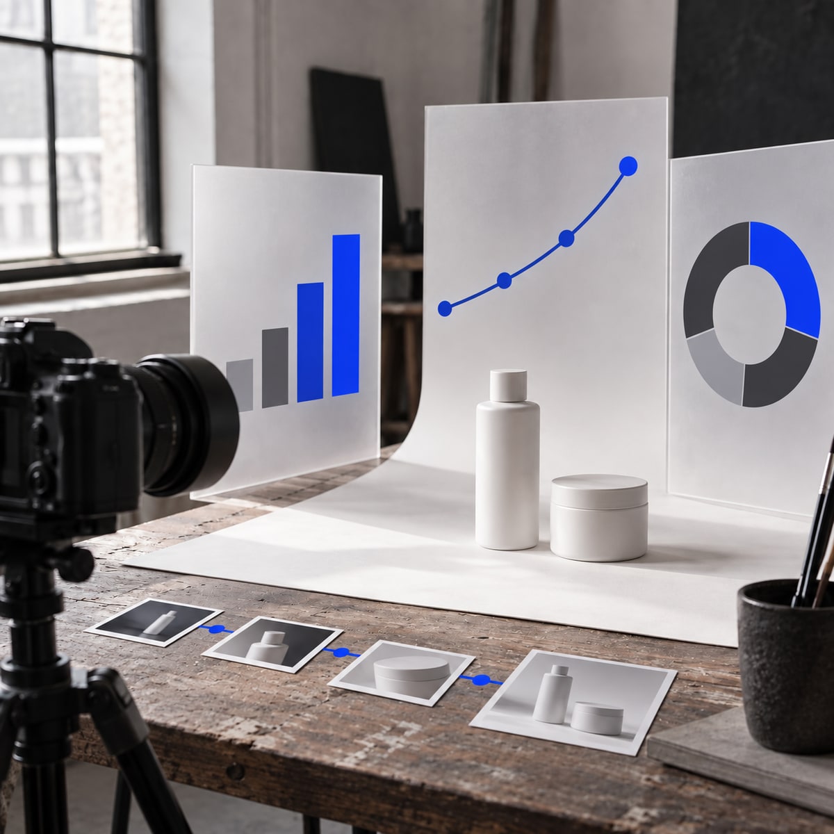 productos ecommerce sin marca con barras de analítica seo una curva de conversión y un gráfico segmentado