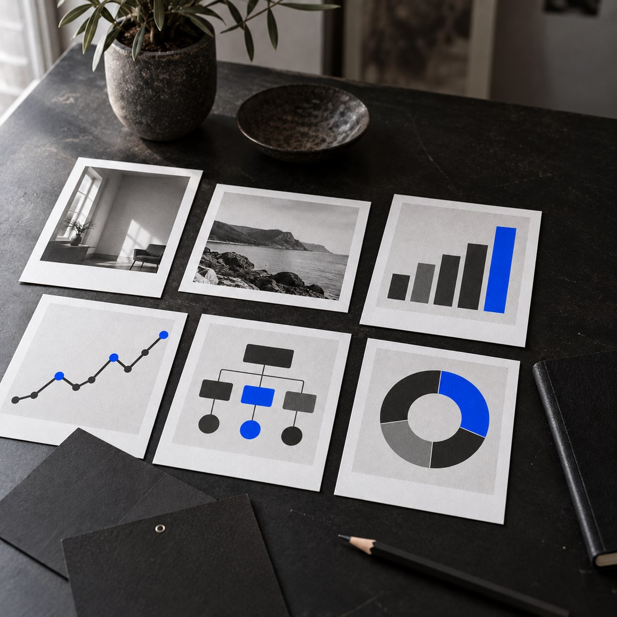 fotografías impresas y gráficos seo sobre una mesa de planificación de contenidos de studioddc